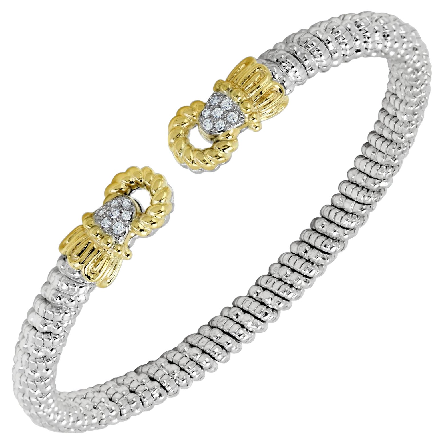 Vahan Open Bangle Bracelet with Diamonds in 14K Yellow Gold and Silver For Sale