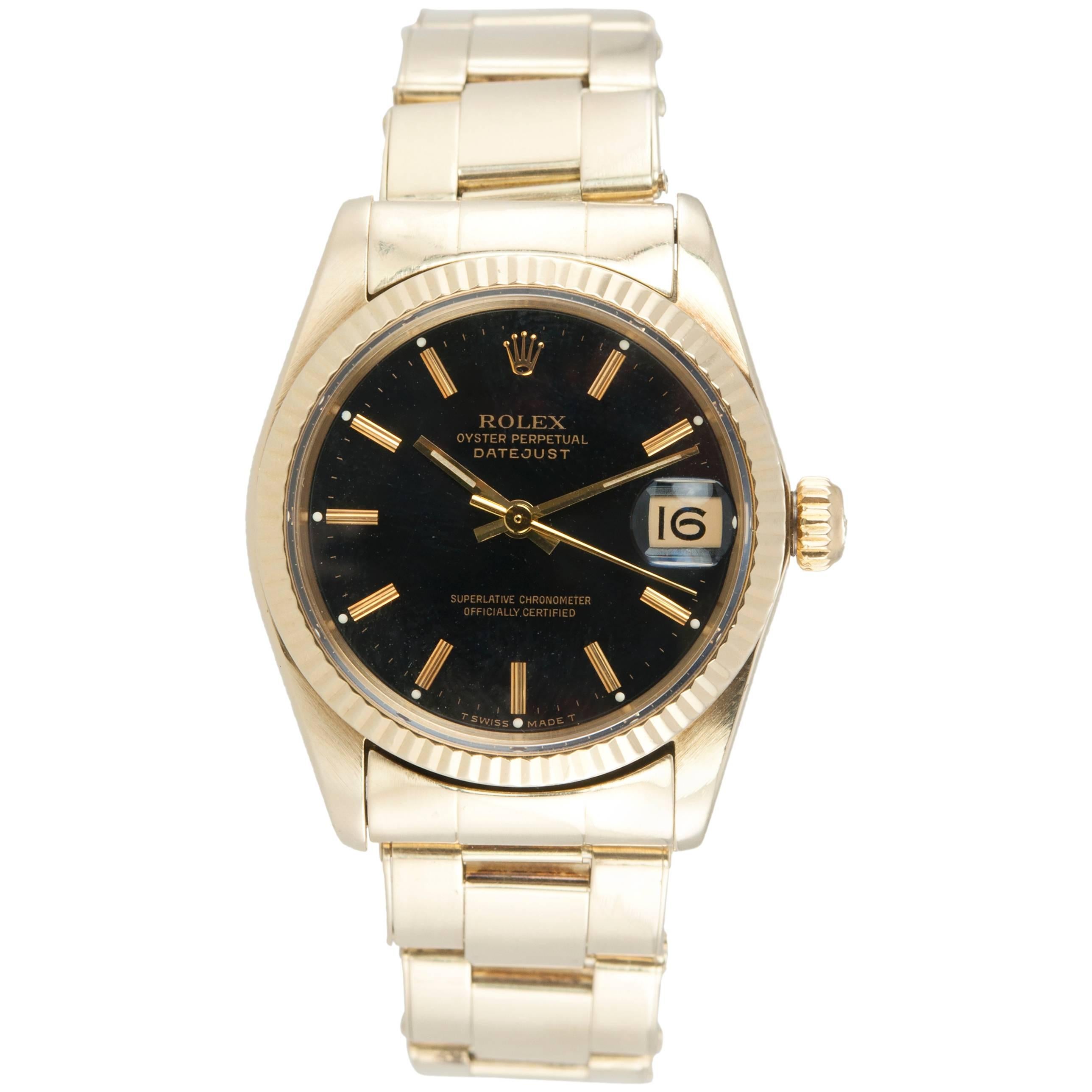 Rolex Midsize Yellow Gold Black Dial DateJust Wristwatch Ref 6827 For Sale