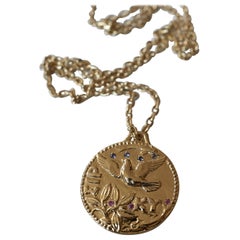 Aquamarine  Ruby Long Chain Medal Necklace Dove Pegasus Greek J Dauphin