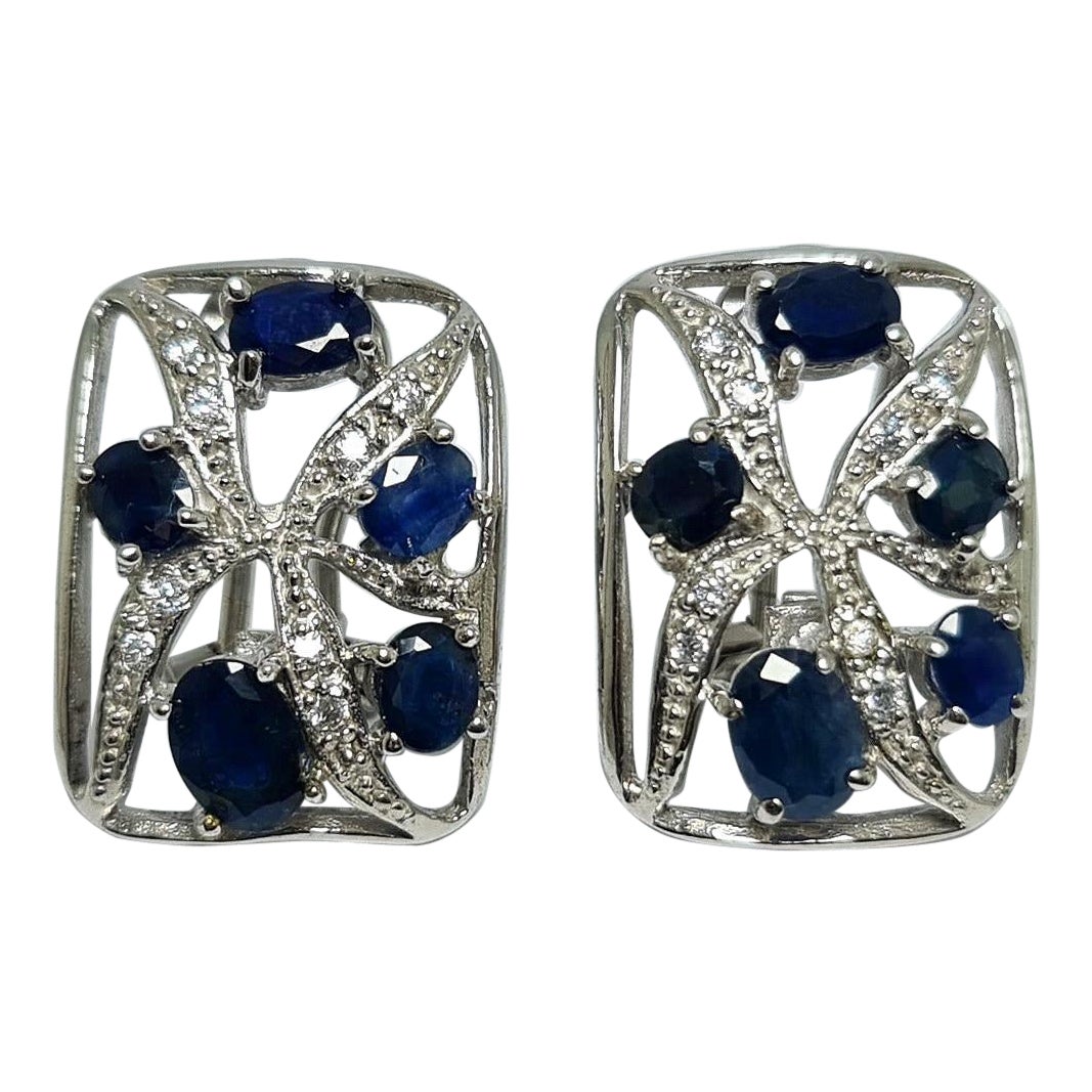 6Ct Natural Untreated Sapphire .925 Sterling Silver Rhodium plated Earrings Set For Sale