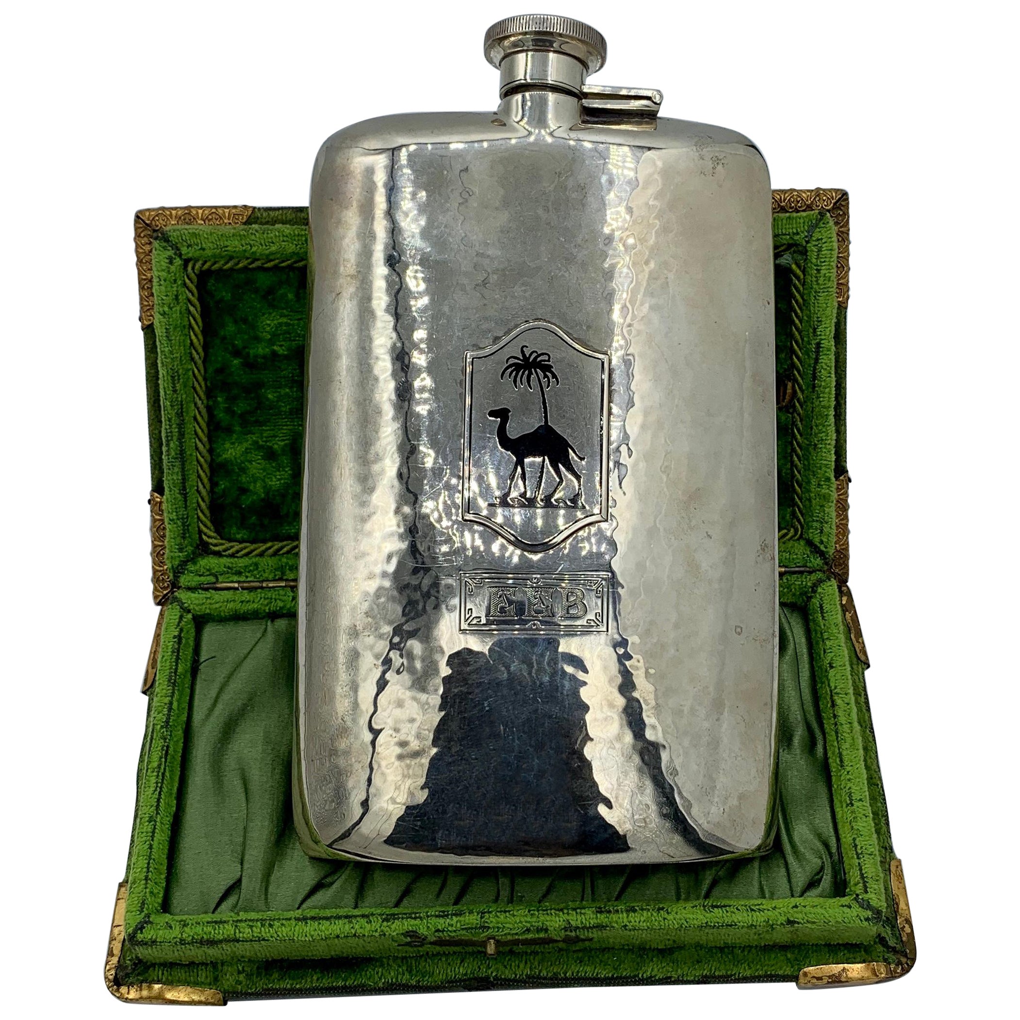 Art Deco Pocket Flask Sterling Silver Enamel Egyptian Revival Camel Palm Tree For Sale