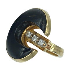 Art Nouveau 0.15 Carat Diamond Black Tiger Eye Moon Cut Double Cocktail Ring