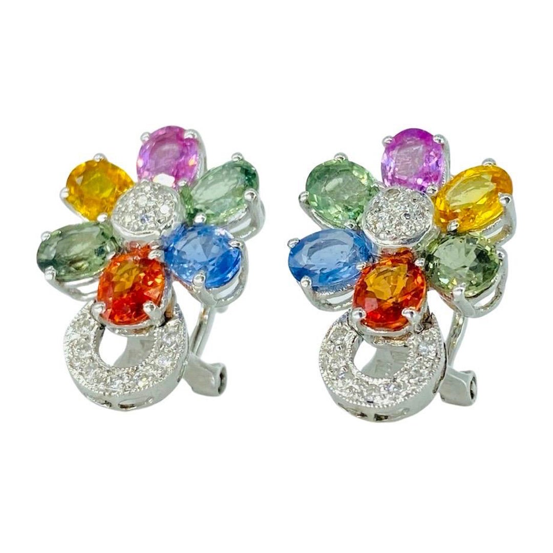 MC Art Deco 9.30 Carat Multi Color Sapphires and Diamonds Flower Basket Earrings For Sale