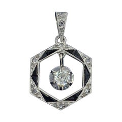 Art Deco Old Mine Diamond Platinum Black Onyx Pendant Lavaliere Necklace