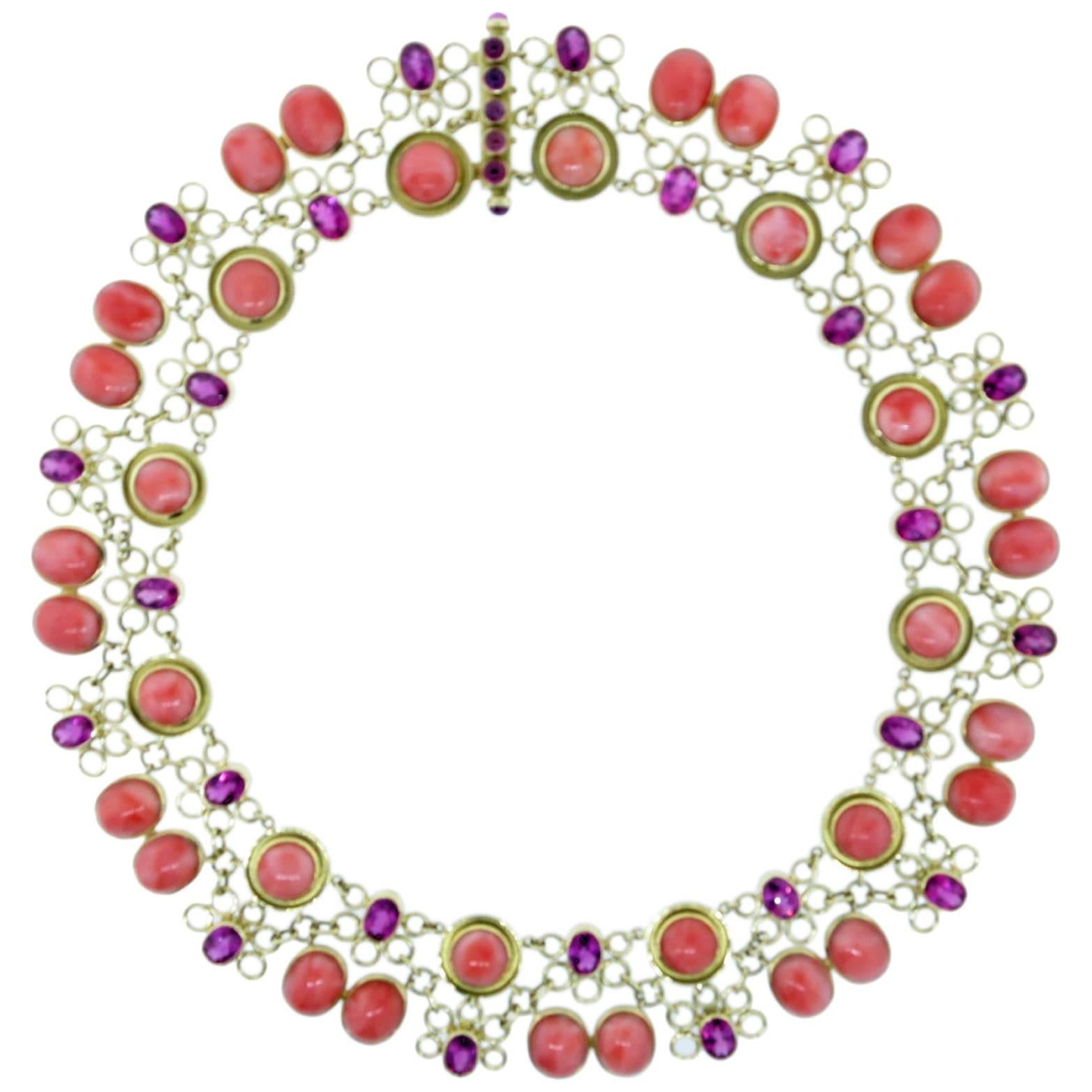Laura Munder Coral Pink Tourmaline Gold Link Choker Necklace