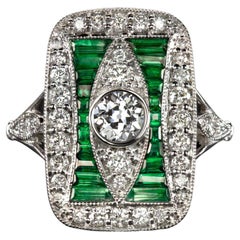 Art Deco Style Green Emeralds Old Mine Cut Diamond Cocktail Ring