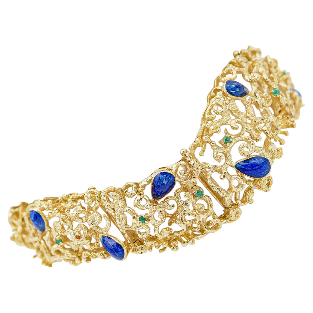 Enamel, Emeralds, 18 Karat Yellow Gold Retrò Bracelet For Sale