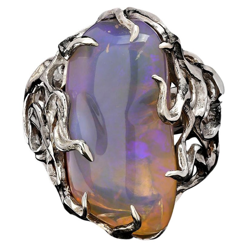 Bague de fiançailles en opale australienne bleu irisé Medusa Gorgon pierre magique