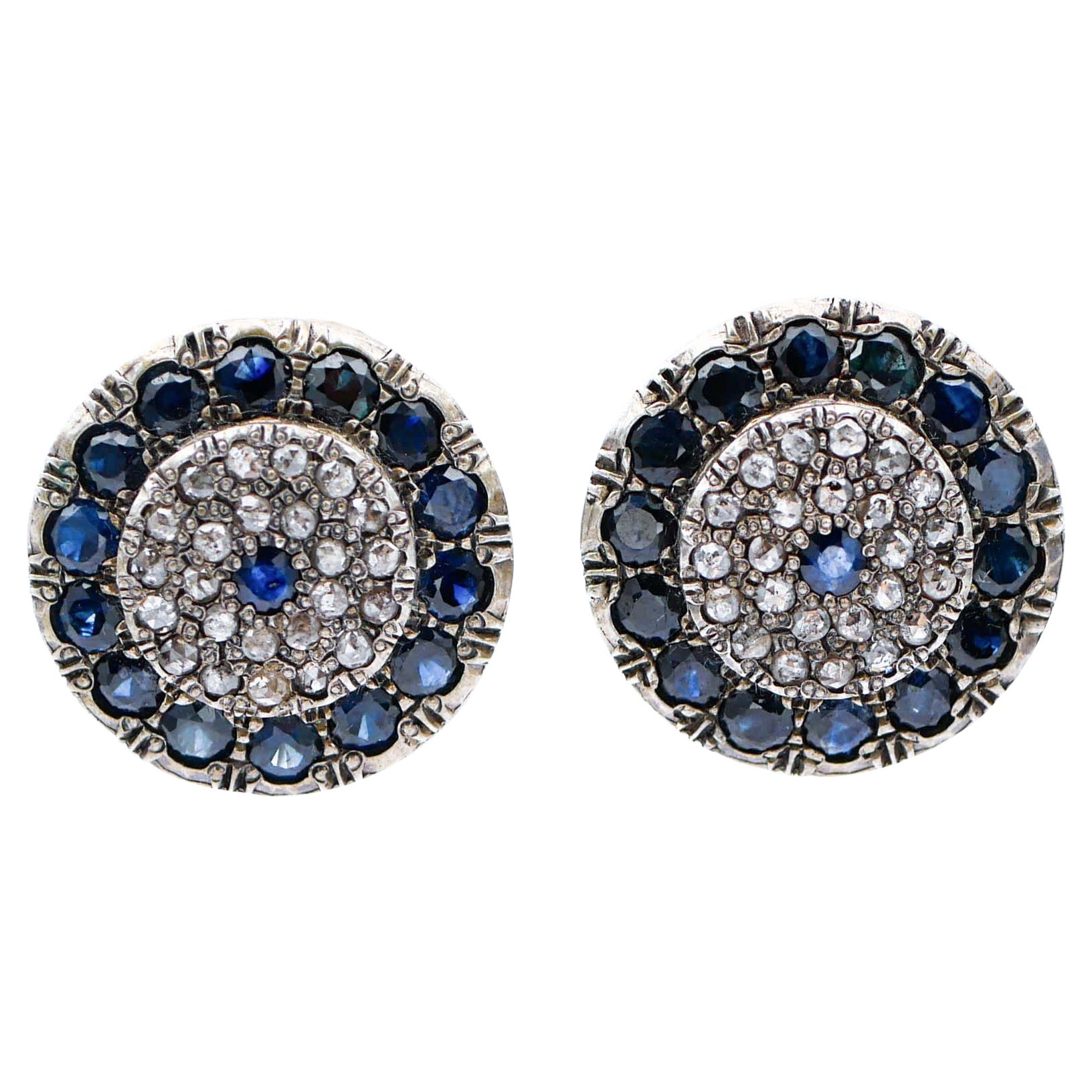 Blue Sapphires, Diamonds, Rose Gold and Silver Retrò Earrings For Sale