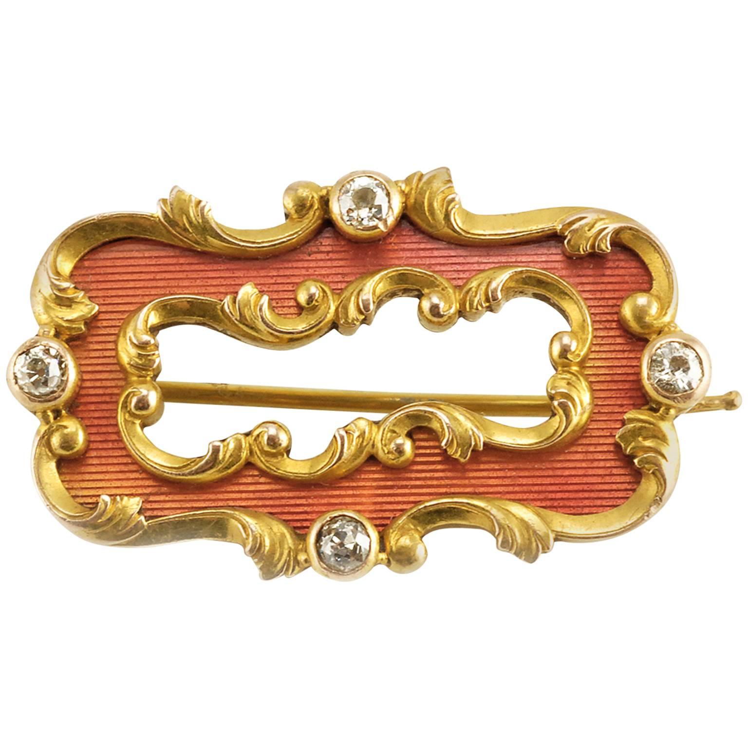 Fabergé Oscar Pihl Antique Russian Guilloché Enamel Diamond Gold Brooch