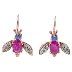 Rubies, Sapphires, Diamonds, Rose Gold and Silver Fly Shape Earrings