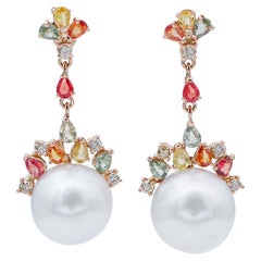 South-Sea Pearls, Multicolor Sapphires, Diamonds 14 Kt Rose Gold Dangle Earrings