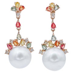 Vintage South-Sea Pearls, Multicolor Sapphires, Diamonds 14 Kt Rose Gold Dangle Earrings