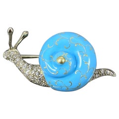 Vintage Mid-Century Diamond Blue Enamel Snail Brooch Yellow White Gold Portuguese 1960s