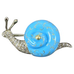 Mid-Century Diamond Blue Enamel Snail Brooch Yellow White Gold Portuguese 1960s