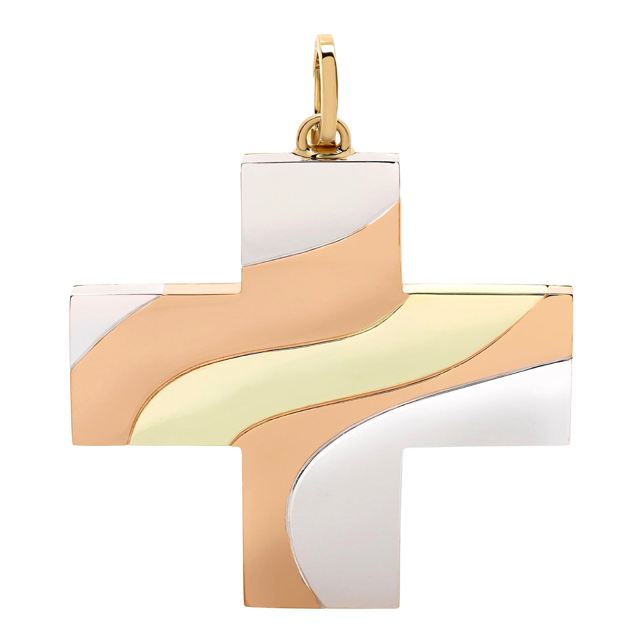 Pendentif grande croix en forme de vague 18 carats  Or rose, or blanc et or jaune