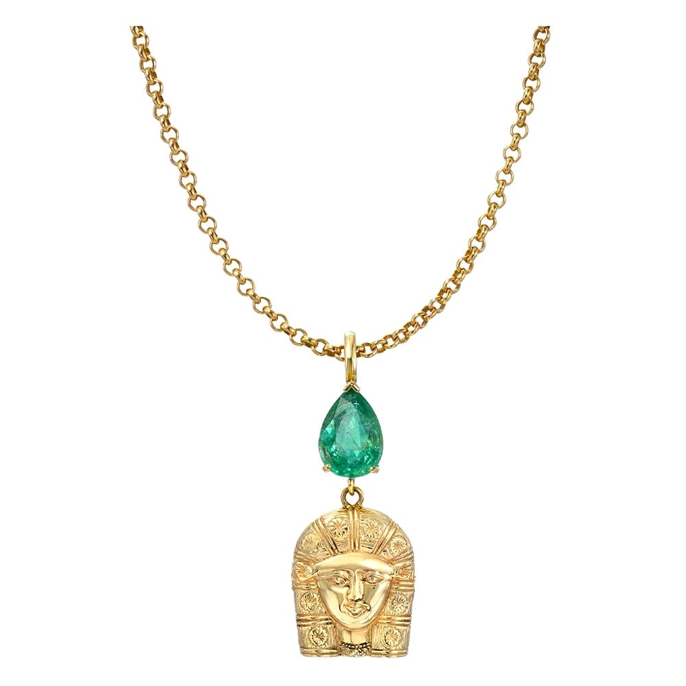 Pendentif Hathor en émeraude égyptienne en or 14 carats