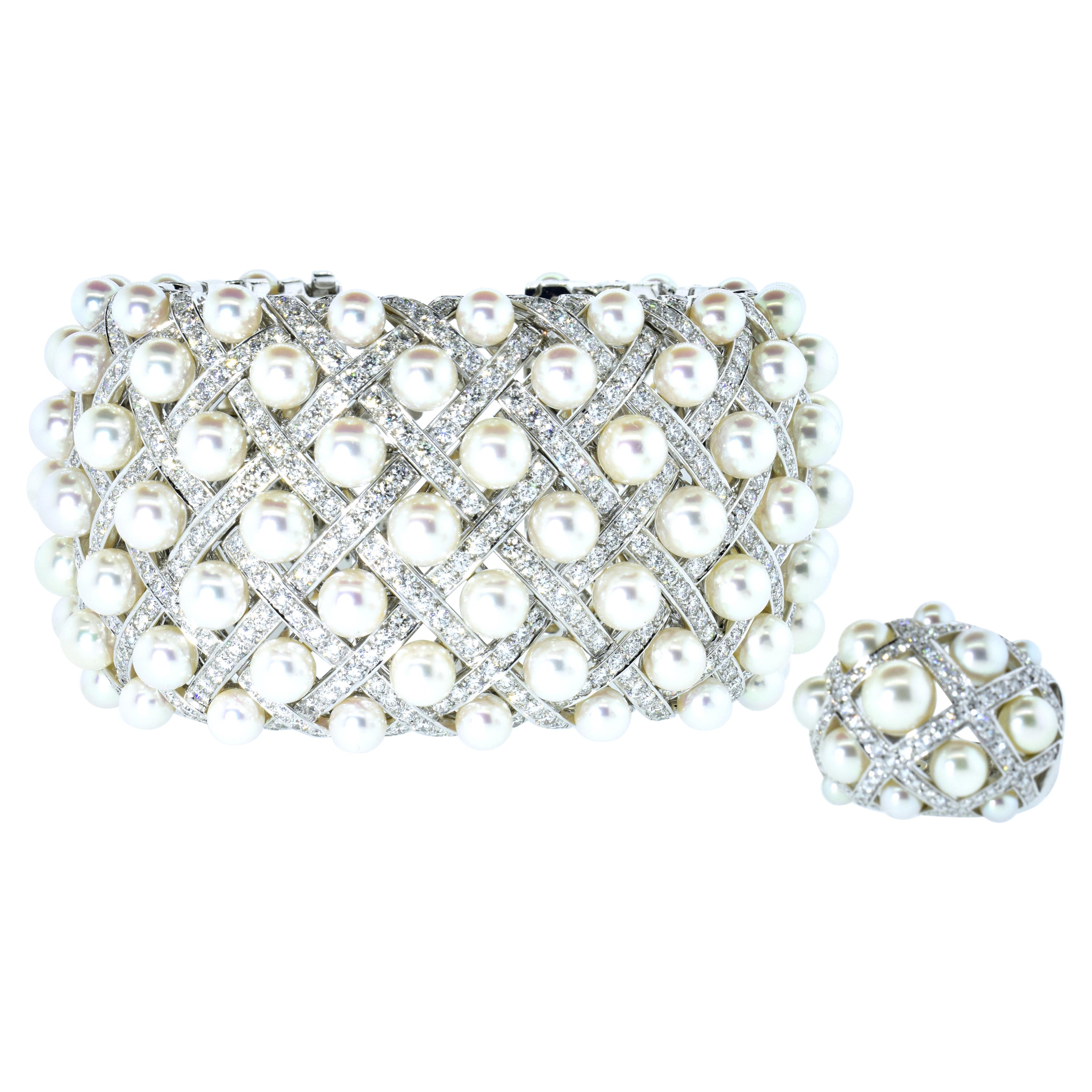 Chanel Matelasse Diamond & Pearl 18K Wide Bangle Bracelet & Matching Ring C 2009