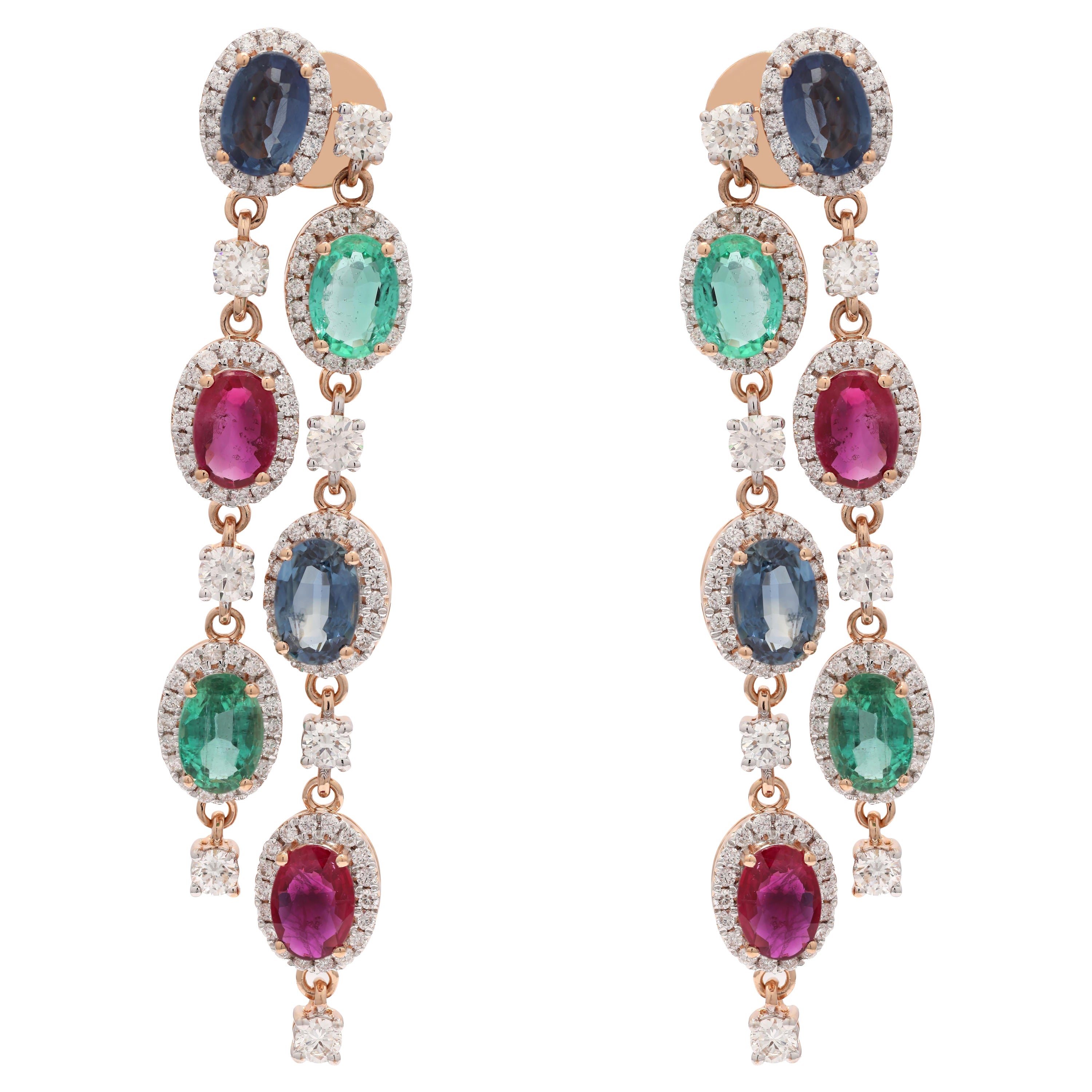 14K Rose Gold Emerald Ruby and Blue Sapphire Dangle Earrings with Diamonds  For Sale