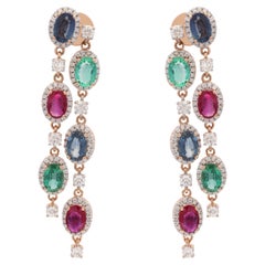 14K Rose Gold Emerald Ruby and Blue Sapphire Dangle Earrings with Diamonds 