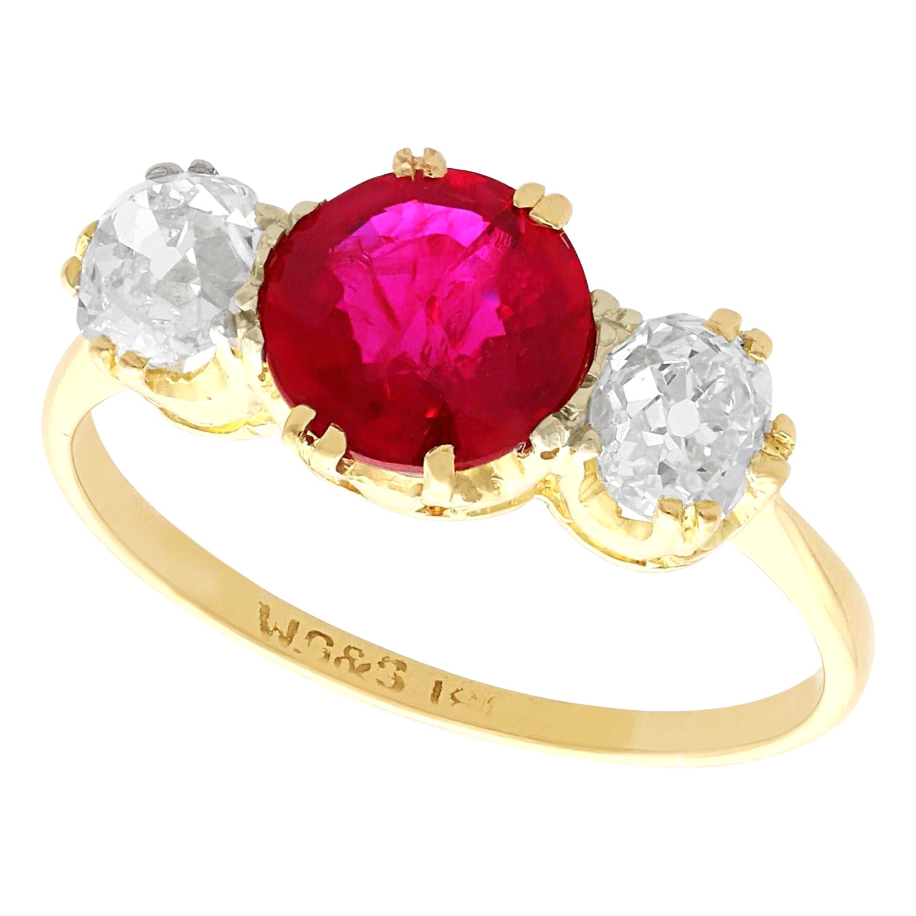 Antique 1.65 Carat Ruby and 1.07 Carat Diamond Yellow Gold Trilogy Ring For Sale