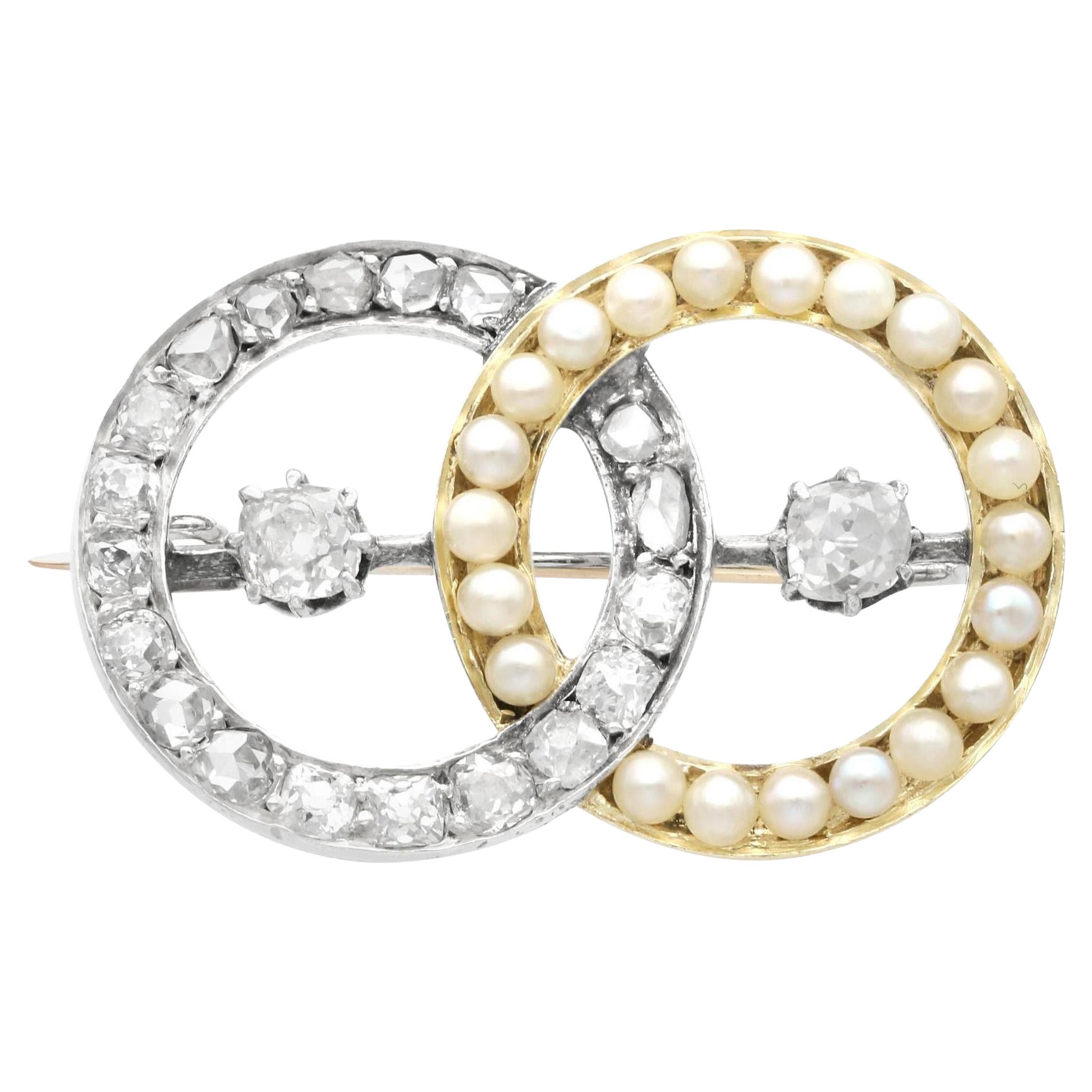 Victorian 1.06 Carat Diamond and Pearl Yellow Gold Brooch For Sale