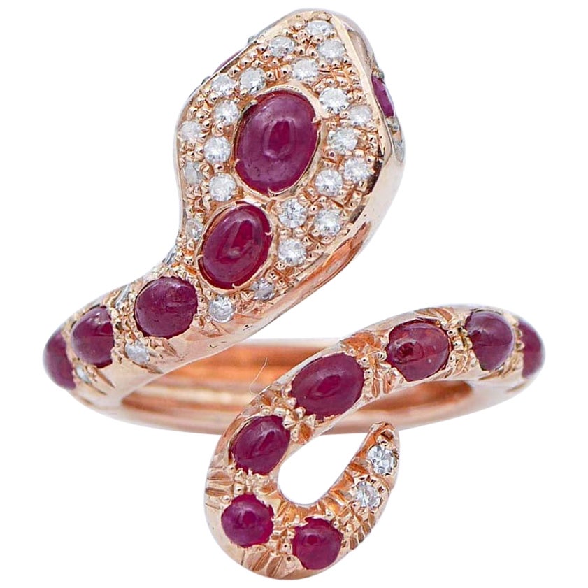 Rubies, Diamonds, Rose Gold Snake Shape Ring