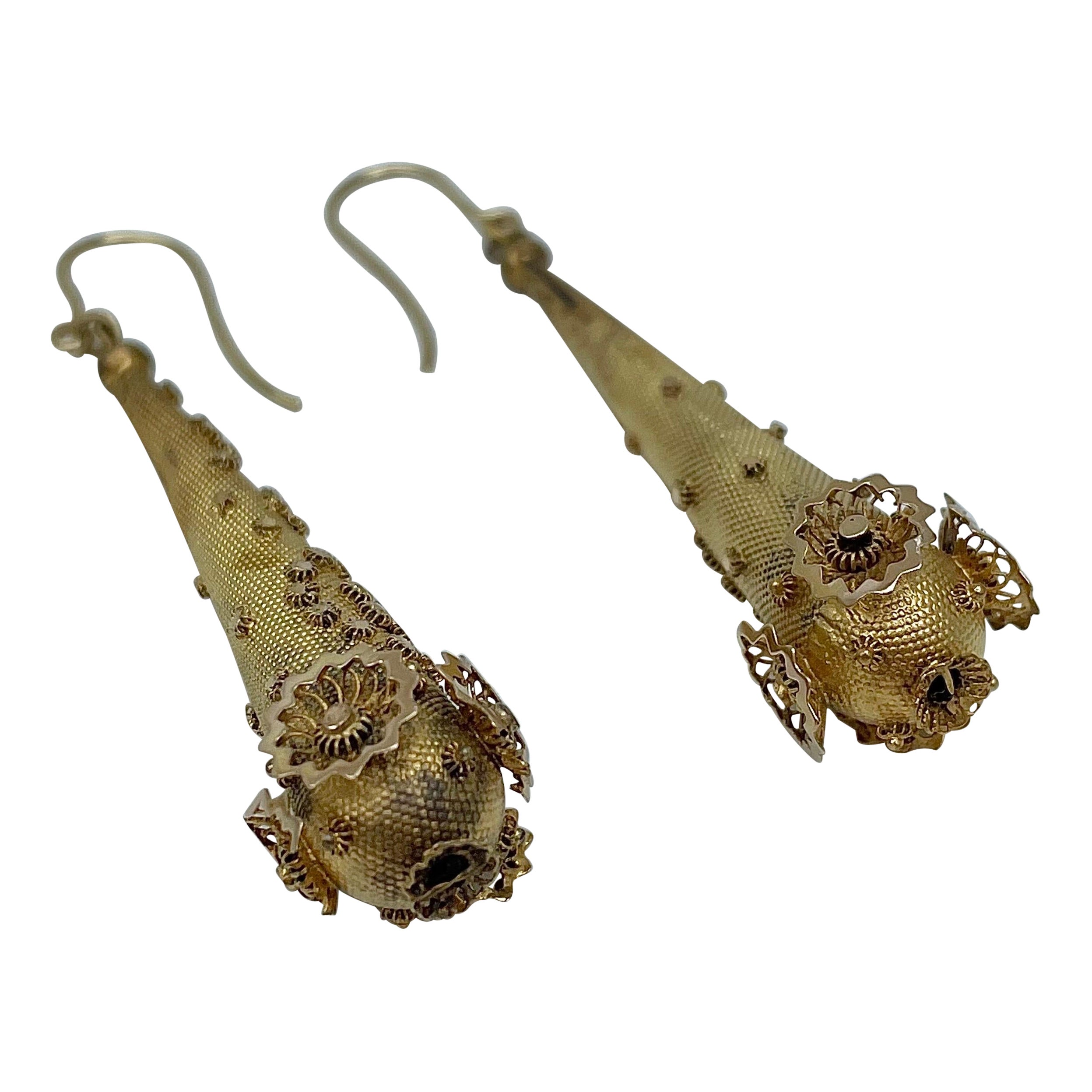 Victorian Ornate Yellow Gold Long Dangle Floral Earrings  For Sale