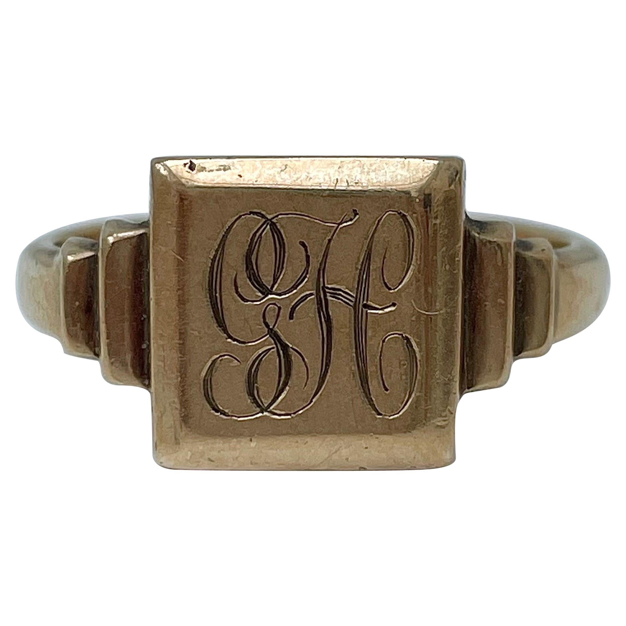 Chunky Vintage 9ct Square Signet Ring “G.H”