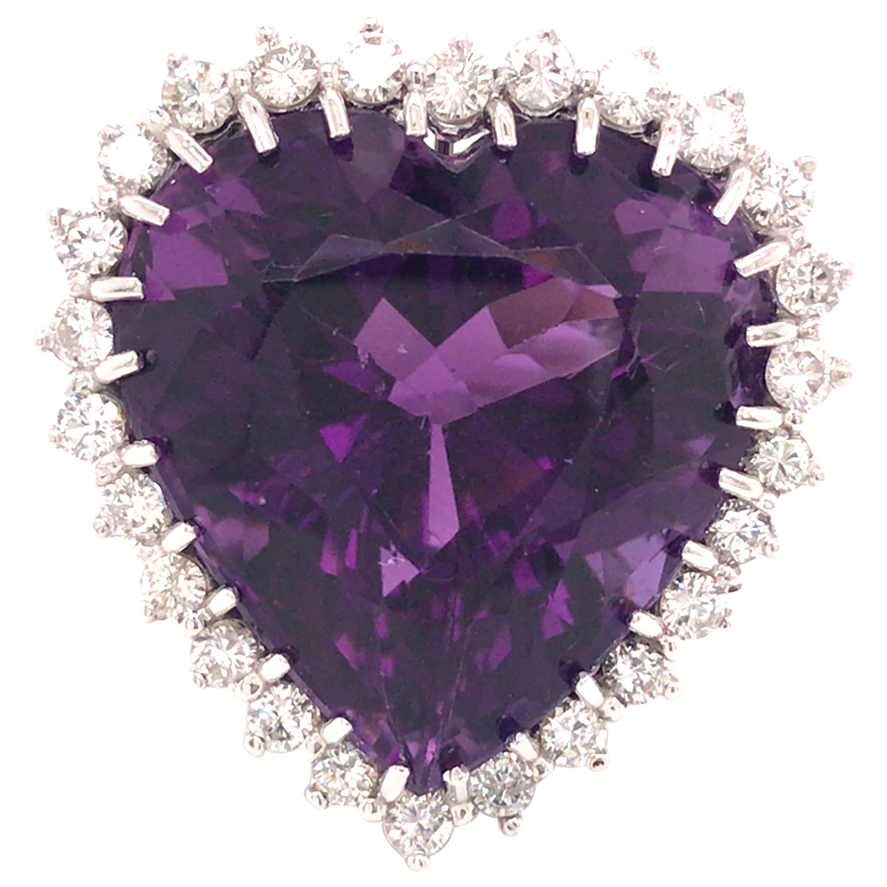 14K Heart Shape Royal Violet Amethyst Diamond Halo Ring White Gold For Sale