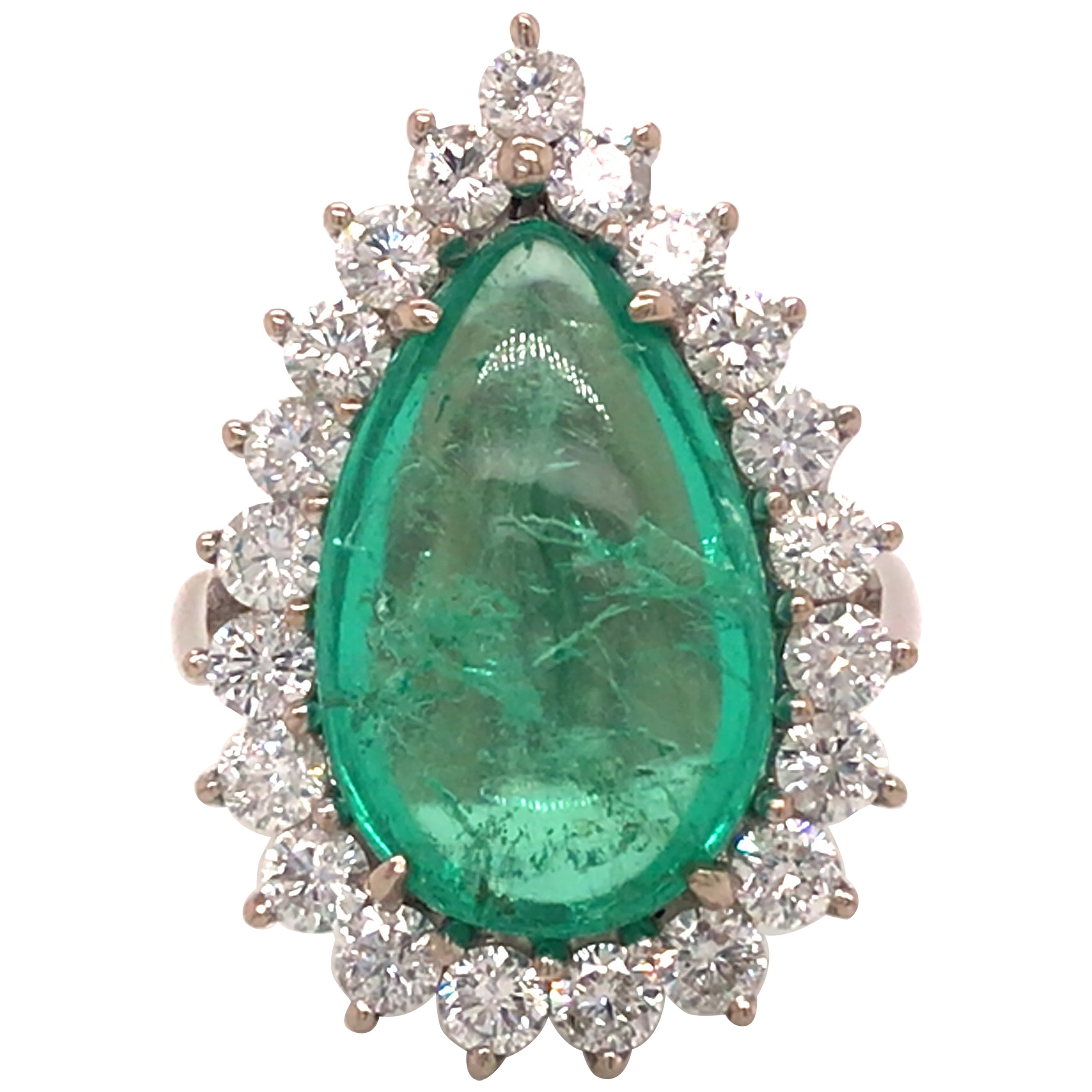 18K Green Emerald Diamond Halo Ring White Gold