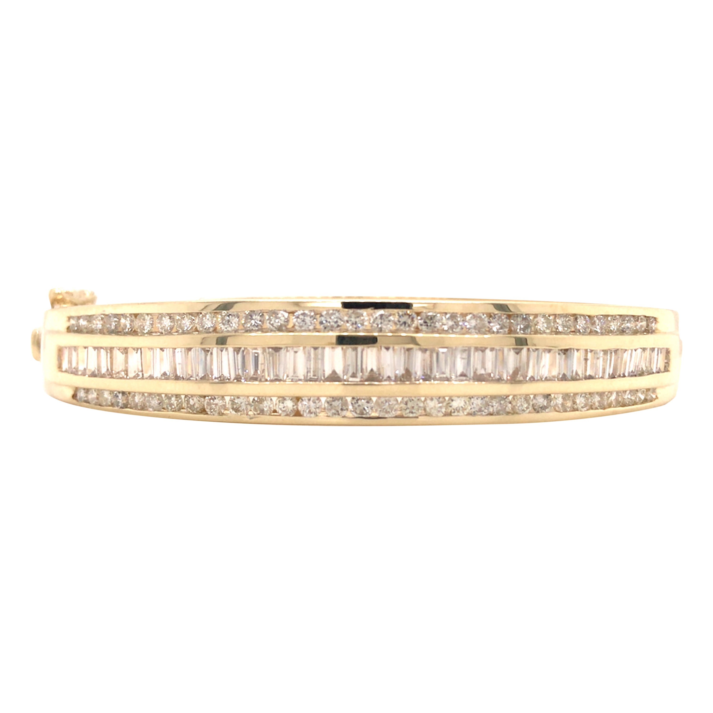 14K Round and Baguette Diamond Bangle Bracelet Yellow Gold For Sale