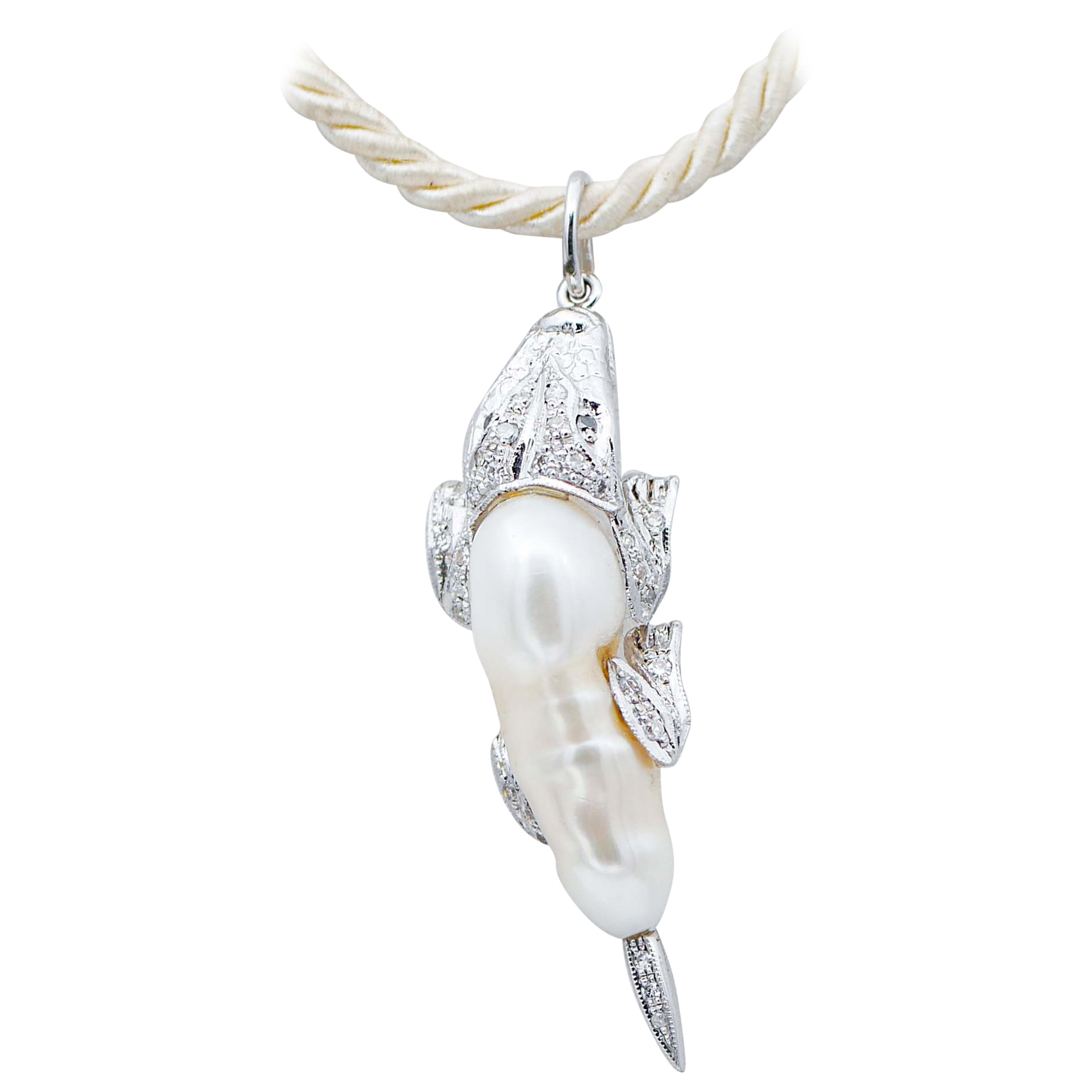 Baroque Pearl, White and Black Diamonds, 14 Kt Gold Crocodile Pendant Necklace For Sale