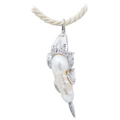 Vintage Baroque Pearl, White and Black Diamonds, 14 Kt Gold Crocodile Pendant Necklace