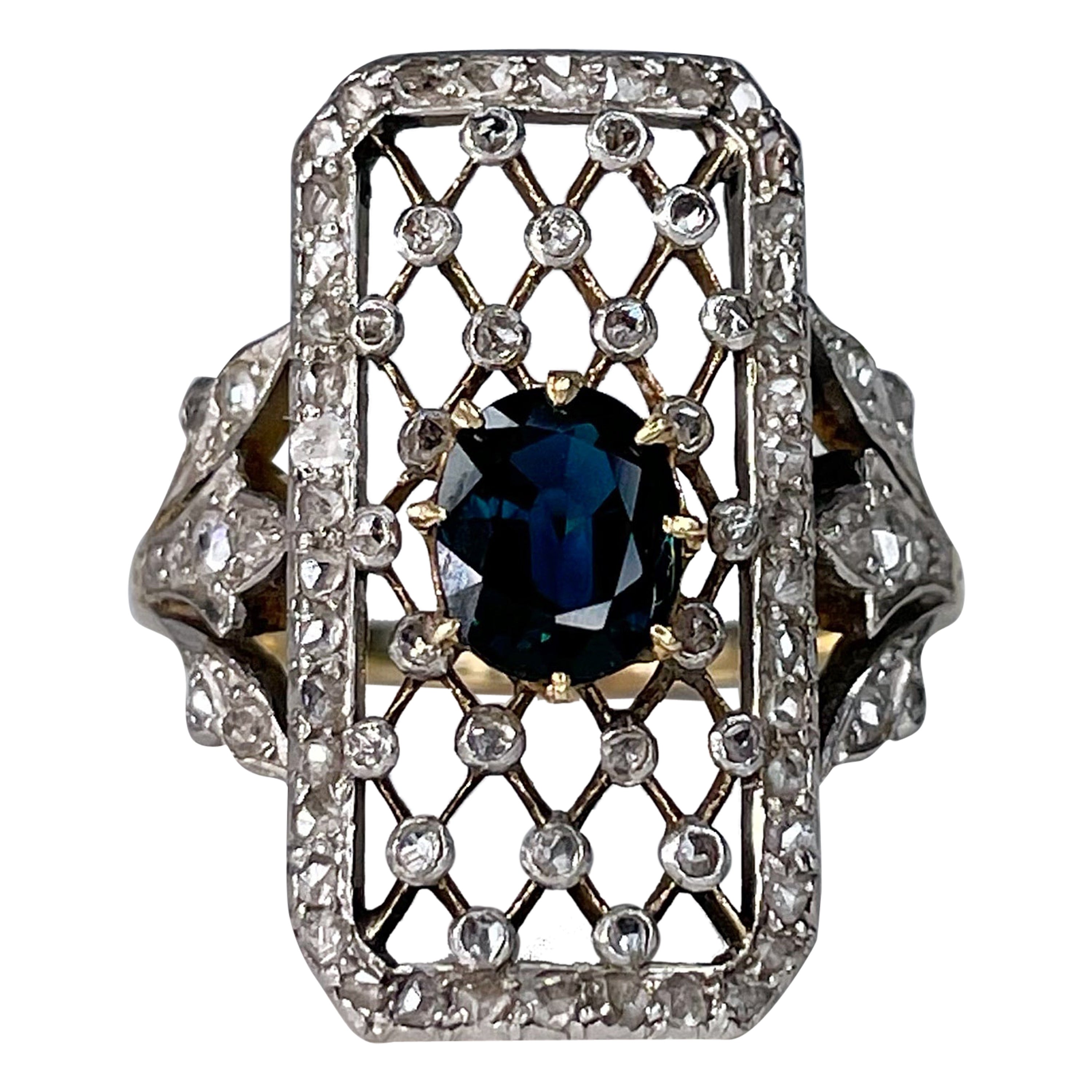Victorian 18 Karat Gold Sapphire Rose Cut Diamond Openwork Rectangle Ring