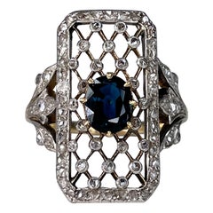 Victorian 18 Karat Gold Sapphire Rose Cut Diamond Openwork Rectangle Ring