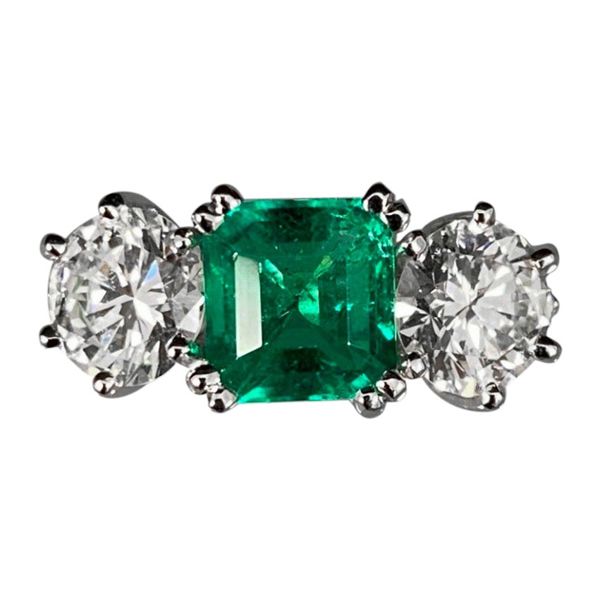 Mid-Century Colombian Emerald Diamond Three Stone Engagement Ring Platinum 1950s