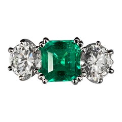 Mid-Century Colombian Emerald Diamond Three Stone Engagement Ring Platinum 1950s