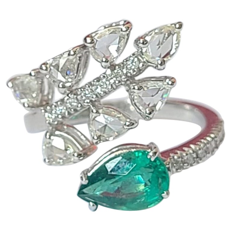 Natural, Zambian Emerald & Rose Cut Diamonds Engagement Ring Set in 18K Gold