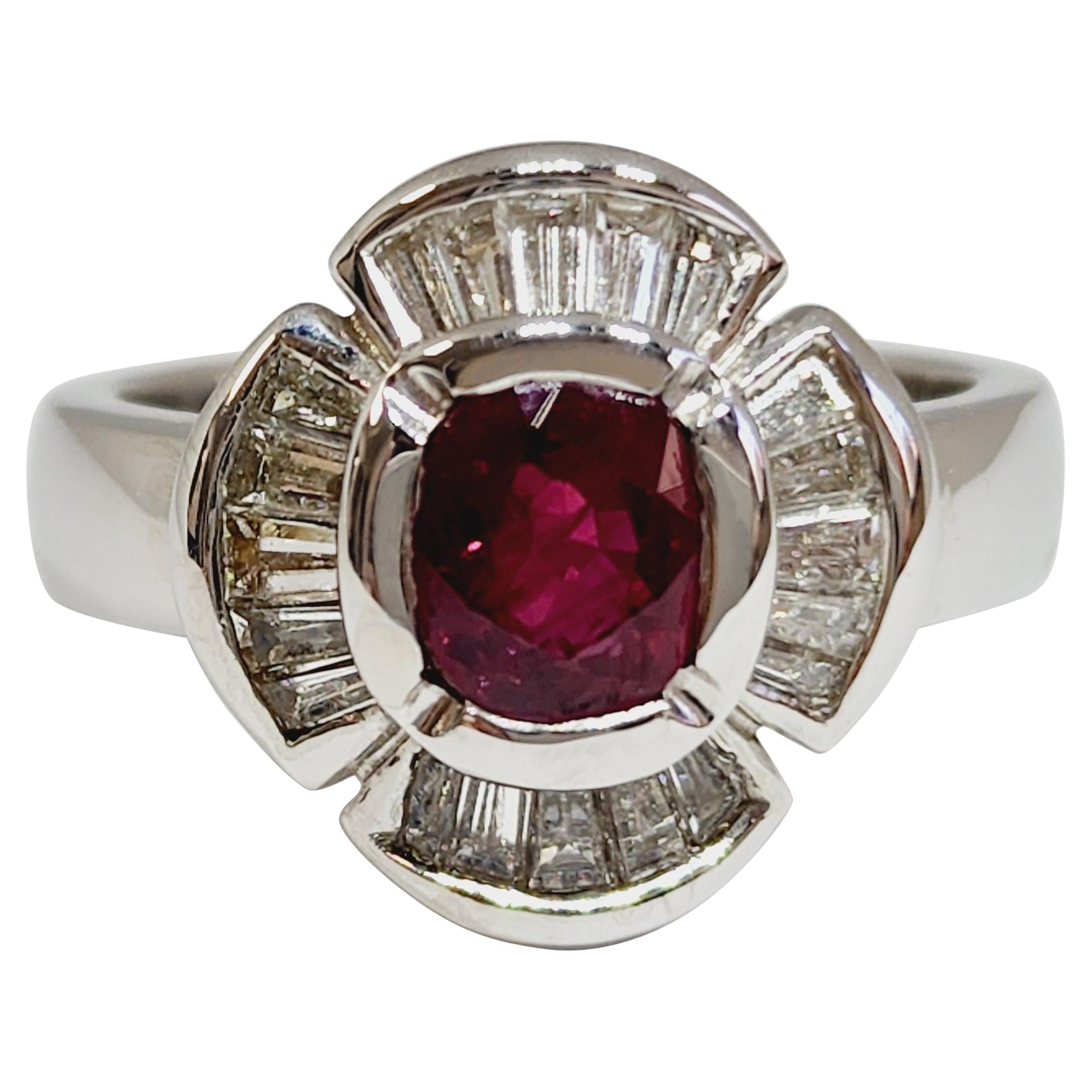 Elegant Ruby Cushion Shape Baguette Diamond Ring 18 Karat White Gold For Sale