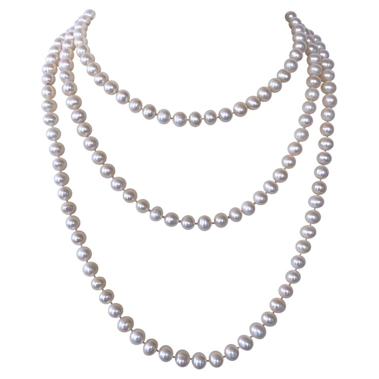 Marina J. Long Pearl Knotted Necklace with 14k Yellow Gold Ball Clasp