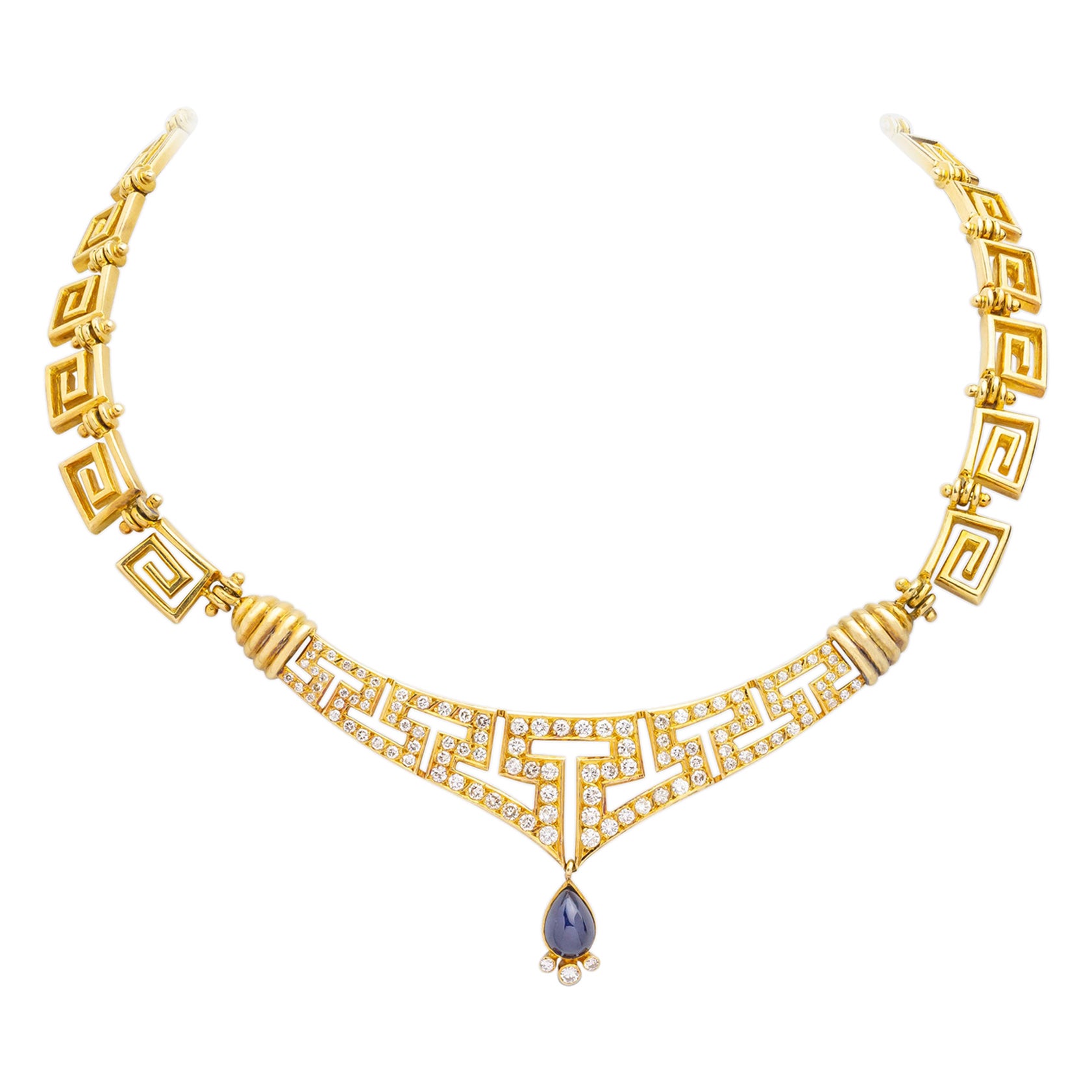 Greek Key Necklet in 18 Karat Gold With Diamonds & a Central Sapphire