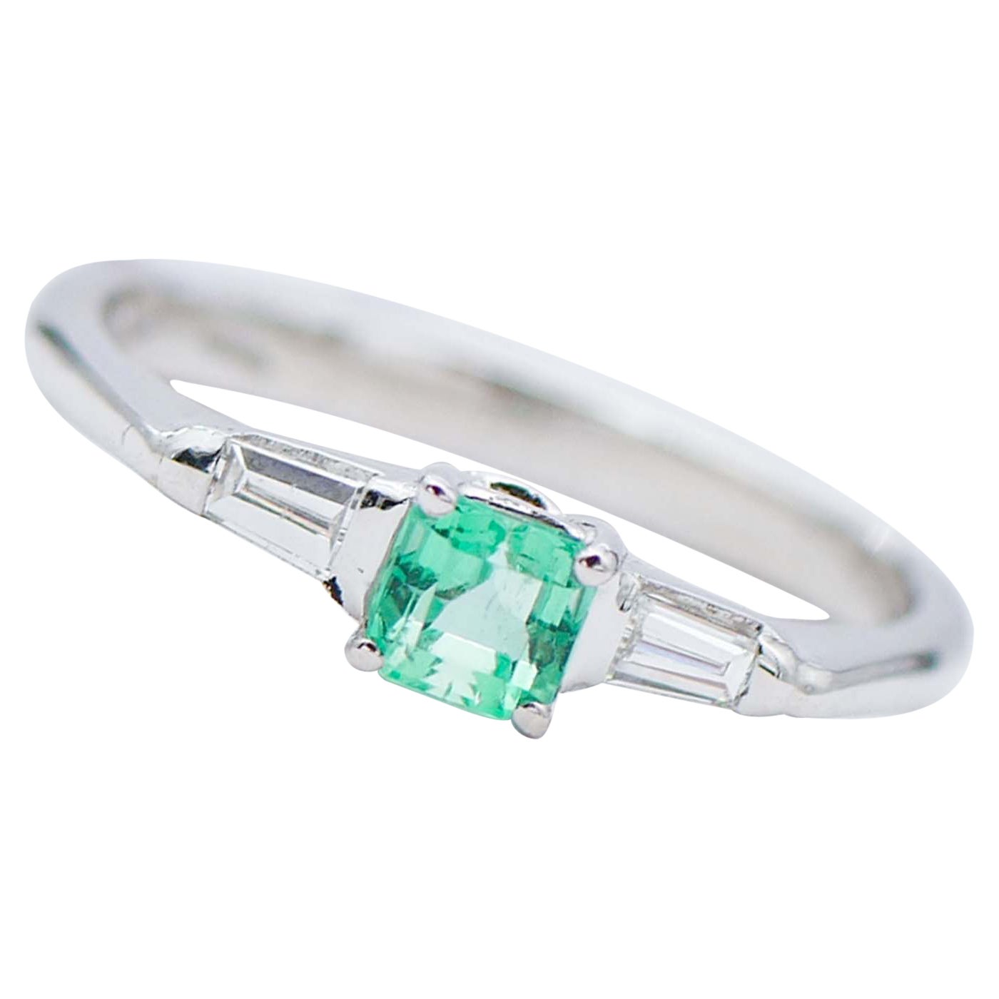 Emerald, Diamonds, 14 Karat White Gold Ring