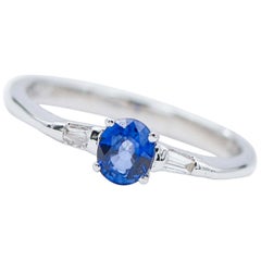 Sapphire, Diamonds, 14 Karat White Gold Ring