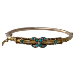 Antique 9ct Gold Turquoise and Pearl Cross Over Bangle Bracelet 