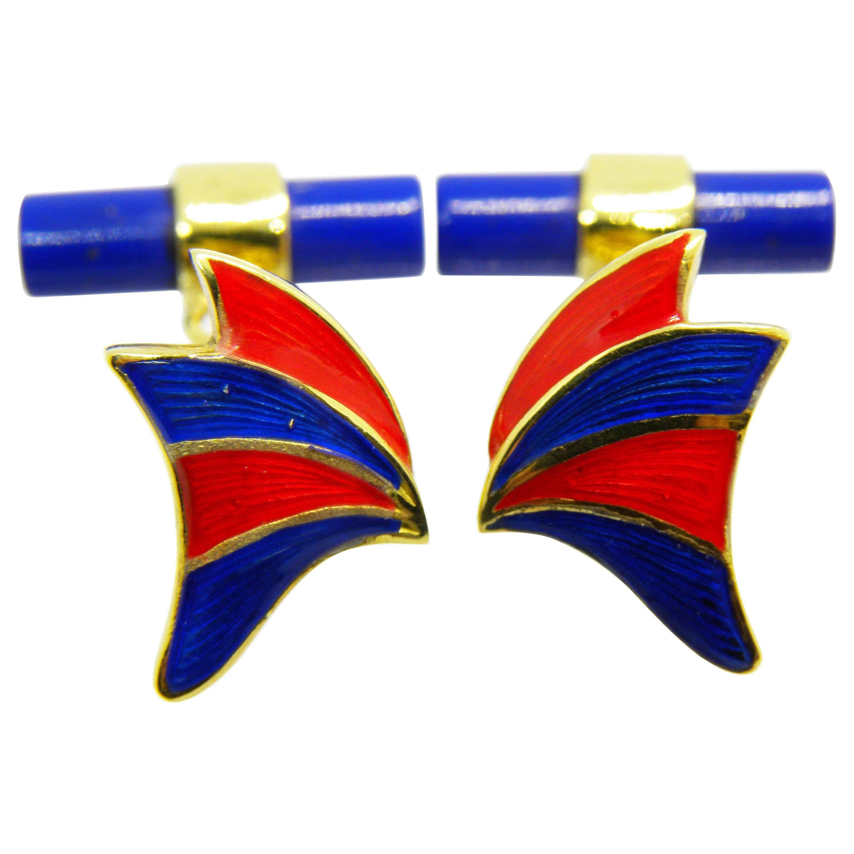 Berca Enameled Butterfly Shaped Lapis Stick Back 18 Carat Yellow Gold Cufflinks For Sale