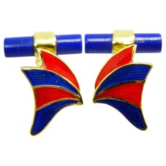 Berca Enameled Butterfly Shaped Lapis Stick Back 18 Carat Yellow Gold Cufflinks