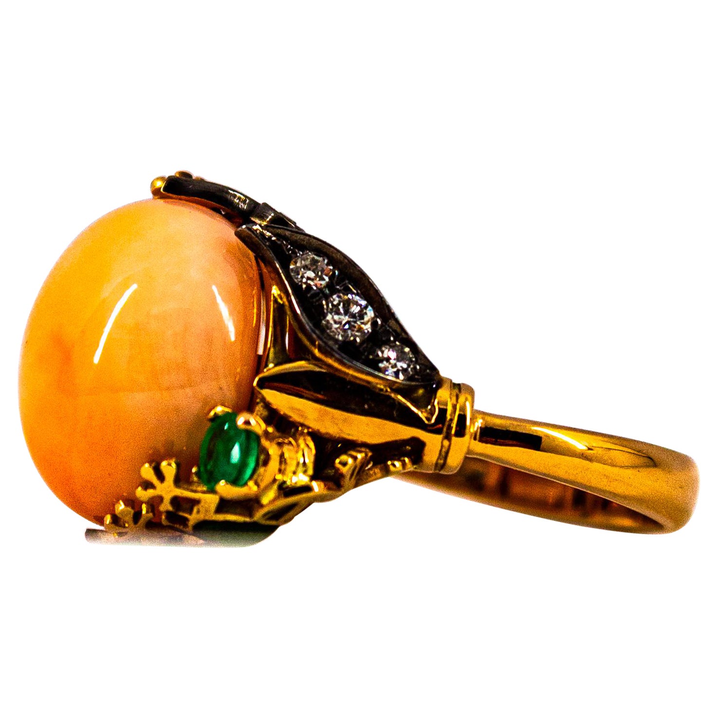 Art Nouveau Style White Diamond Emerald Pink Coral Yellow Gold Cocktail Ring