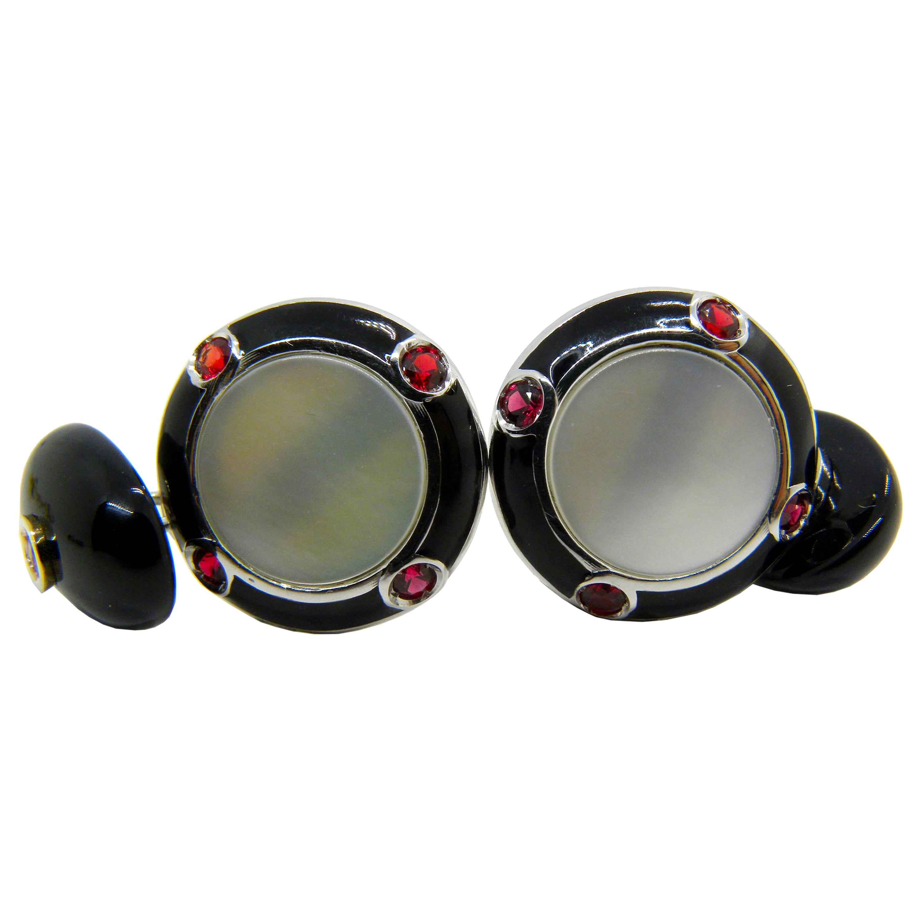 Berca Ruby Onyx White Mother-of-pearl Color Hand Enameled White Gold Cufflinks For Sale