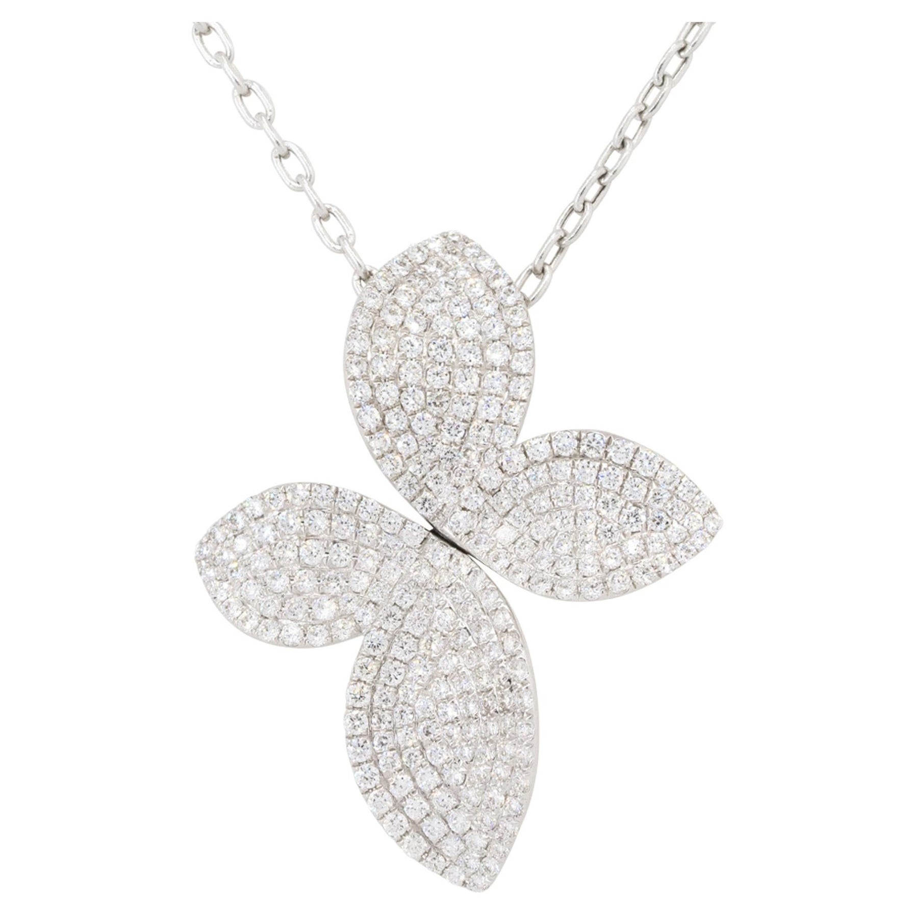 1.44 Carat Diamond Pave Flower Pendant Necklace 18 Karat in Stock For Sale